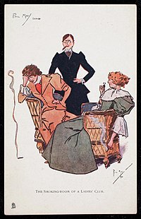 Oilette postcard with art by Phil May, published by Raphael Tuck & Sons, c. 1910s The smoking room of a ladies' club.jpg