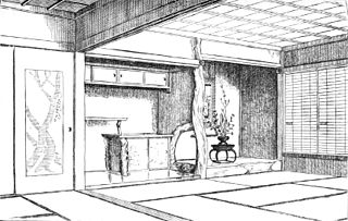 Dibujo de un tokonoma de Hogares japoneses y su entorno por Edward S. Morse.