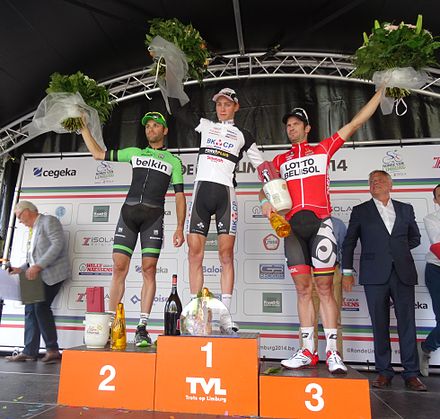 Podium de l'édition 2014 du Tour du Limbourg : Paul Martens (3e), Mathieu van der Poel (1er) et Gregory Henderson (3e).