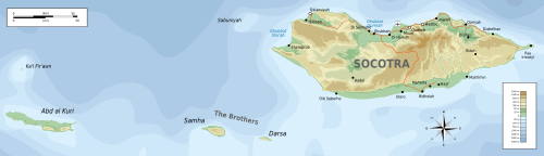 A map of the Socotra (Soqotra) archipelago Topographic map of Socotra-en.svg