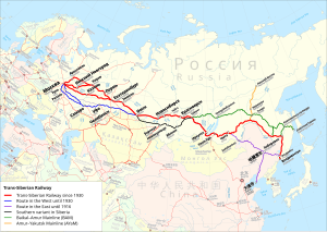 Trans-Siberian line in red; Baikal-Amur Mainline in green Transsib international.svg