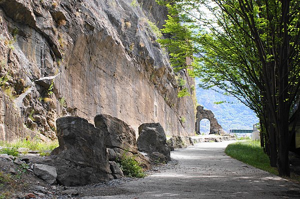 Section of the Via delle Gallie (Valle d'Aosta) in Italy, built by excavating the steep rock slope at left