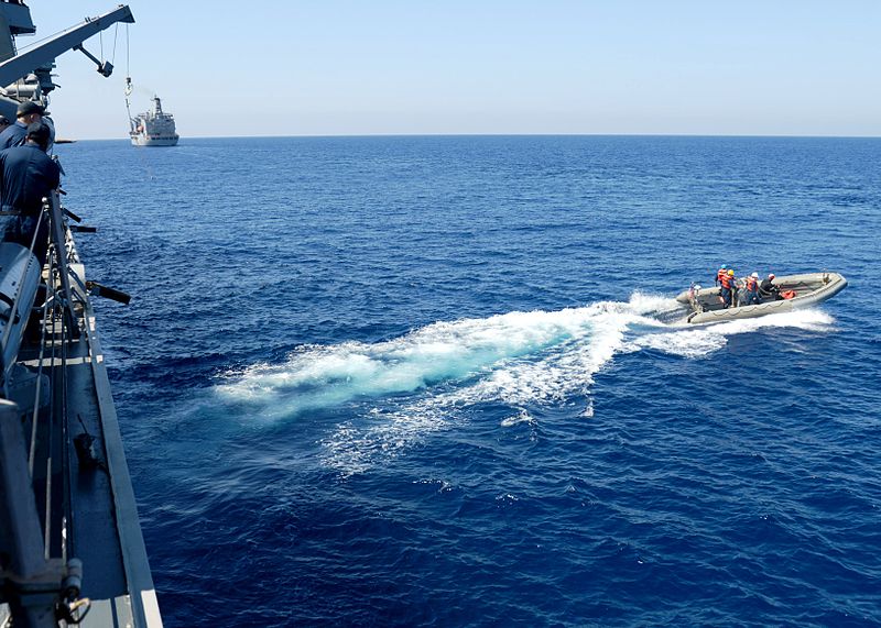 File:U.S. Sailors assigned to the guided missile destroyer USS Ramage (DDG 61) conduct a passenger transfer in a rigid-hull inflatable boat in the Mediterranean Sea March 20, 2014 140320-N-CH661-064.jpg