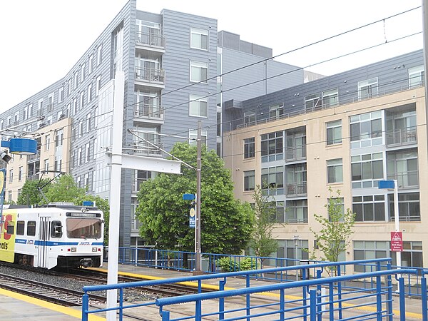 UB LRT stop at Mt. Royal Ave. In the background is the Fitzgerald building, one of two new student residence facilities at UB.