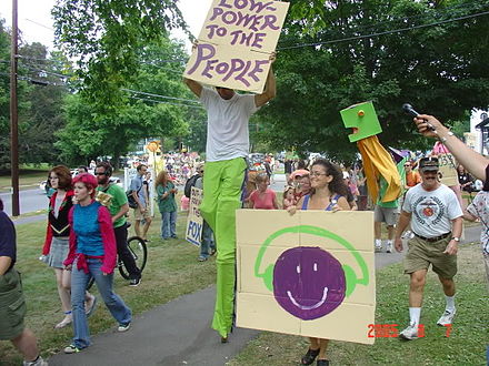 Parade at the launch of WXOJ-LP, Valley Free Radio, in Northampton, Massachusetts in August 2005
