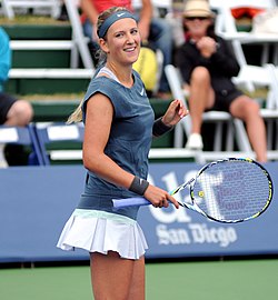 Victoria Azarenka at the 2013 Southern California Open, where she reached the final. Victoria Azarenka (9417885047).jpg