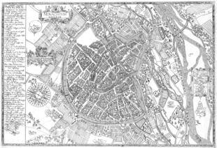 The first city map of Munich by Tobias Volckmer, 1613, clearly show the inner city as a semi-oval and the surrounding outer city with the wedge-shaped depictions of a valley town and the crossing main city axes at the western end of Marienplatz. Volckmer Munich 1613.png