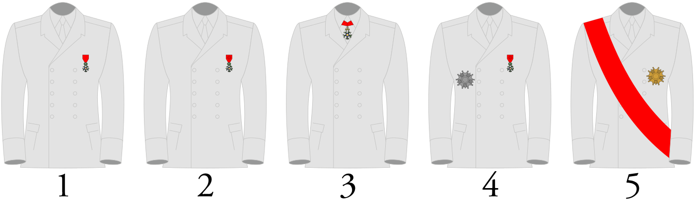 The five classes wearing their respective insignia (gentlemen): 1: Chevalier; 2: Officier; 3: Commandeur; 4: Grand-officier; 5: Grand-croix.