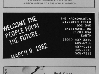 Advertisement placed in a 1980 edition of Artforum, advertising the Krononauts event WelcomeKrononauts Artforum Jan1980 p.90 800x600.png