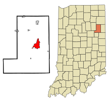 Wells County Indiana Incorporated und Unincorporated Bereiche Bluffton Highlighted.svg