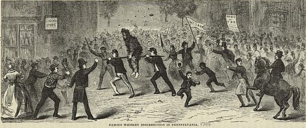 "Famous whiskey insurrection in Pennsylvania", an illustration from Our first century: being a popular descriptive portraiture of the one hundred great and memorable events of perpetual interest in the history of our country by R. M. Devens (Springfield, MA., 1882). Whiskey Insurrection.JPG