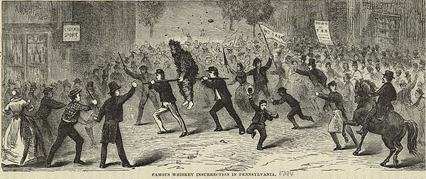 "Famous Whiskey Insurrection in Pennsylvania", an 1880 illustration of a tarred and feathered tax collector being made to ride the rail