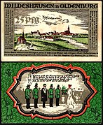 25 Pfennig Notgeld banknote of Wildeshausen (1921), obverse: townscape around 1600