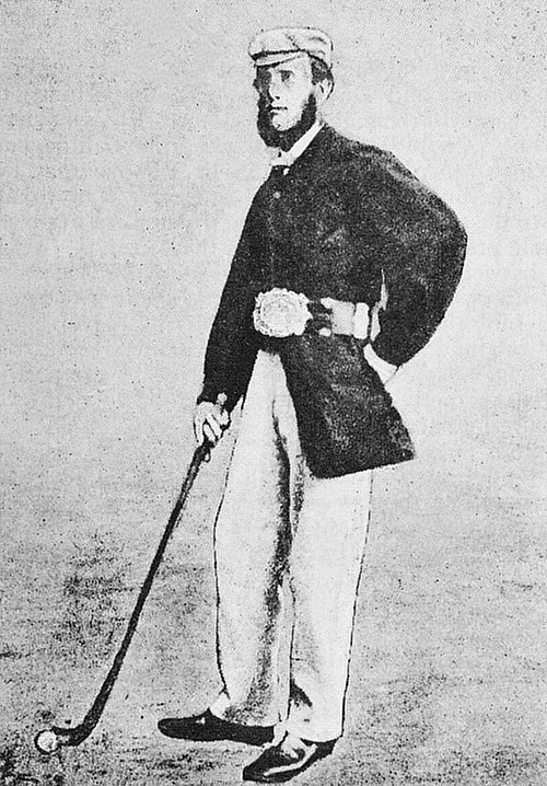 Willie Park Sr., the first "Champion Golfer of the Year", wearing the Challenge Belt, the winner's prize at The Open until 1870