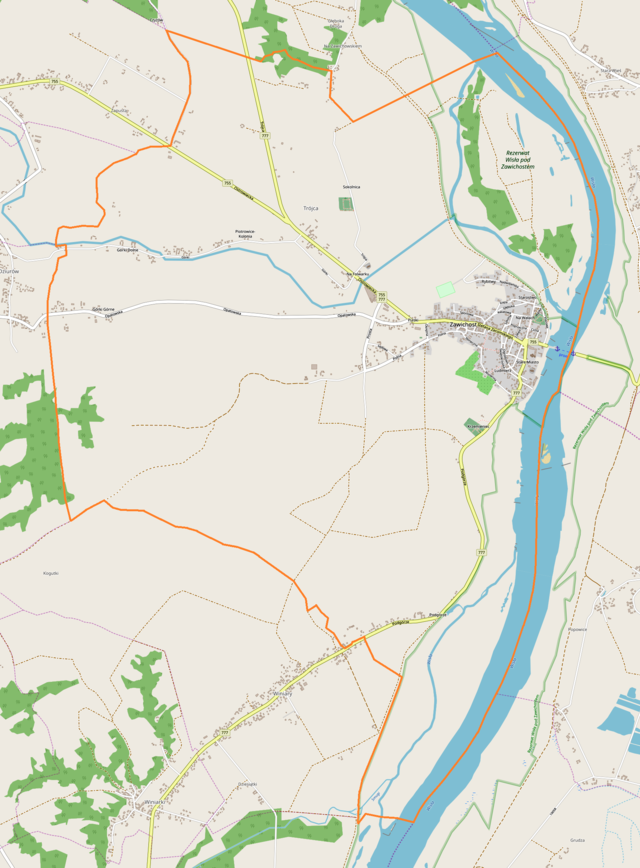 Mapa konturowa Zawichostu, po prawej znajduje się punkt z opisem „Kościół św. Jana Chrzciciela”