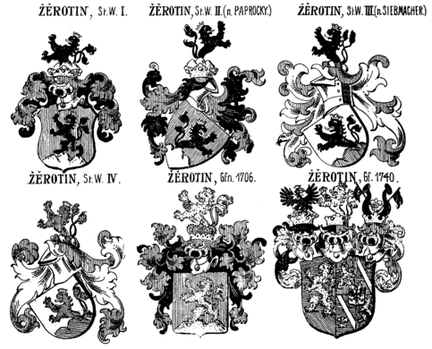 Sechs Wappenvarianten derer von Zierotin (Zerotin) in Siebmachers Wappenbuch „Mährischer Adel“ von 1899