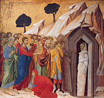 'The Raising of Lazarus', tempera and gold on panel by Duccio di Buoninsegna, 1310–11, Kimbell Art Museum.jpg