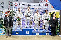 Österreichische Judo Staatsmeisterschaften Siegerehrungen O100 kg 1. Platz Stephan Hegyi 2. Platz Christoph Kronberger 3. Platz Alexander Hamann, Christoph Mayer.jpg