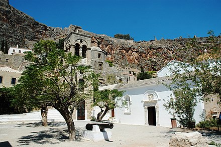 The central square of Monemvasia, with the Byzantine church of Christ Elkomenos.
