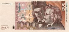 Design of the front of the 1992 1000 Deutsche Mark showing the Brothers Grimm 1000 DM Serie4 Vorderseite.jpg