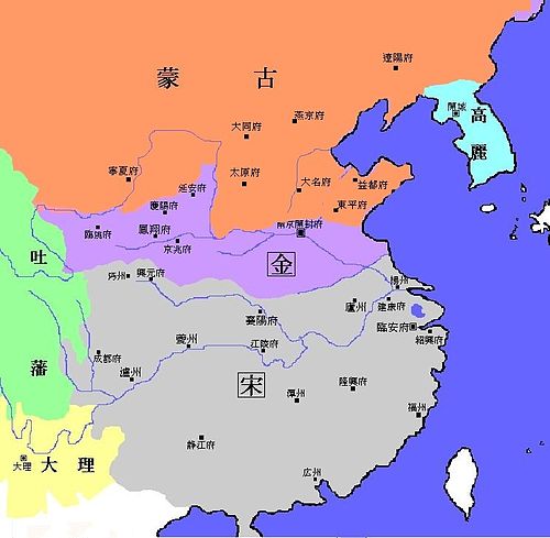 1227年成吉思汗去世前夕，大蒙古国、金朝、南宋、大理国和吐蕃形势图，大蒙古国和金朝的东部边界基本以黄河为界，1227年蒙古灭西夏，1227年金朝领土基本只剩河南和陕西。