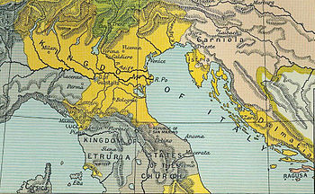 The Kingdom of Italy in 1807, with Istria and Dalmatia, shown in yellow 1807KingdomItaly.jpg