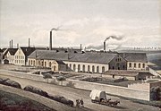 Die Eisen-Giesserey und Maschinenfabrik Georg Egestorff an der Göttinger Straße, im Hintergrund die Silhouette des Deisters; kolorierte Lithographie eines unbekannten Künstlers, 1860er Jahre; Historisches Museum Hannover