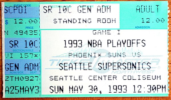 A ticket for Game 4 of the 1993 Western Conference finals between the Seattle SuperSonics and the Suns at the Seattle Center Coliseum