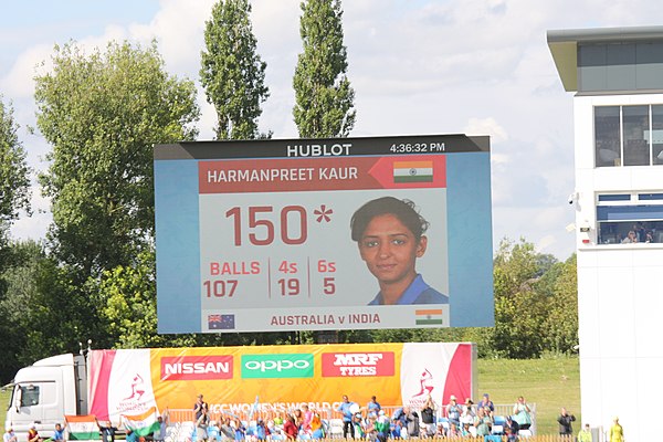 Scoreboard showing number of runs scored by batter Harmanpreet Kaur (150), including how many boundaries she has scored (19 fours and 5 sixes).