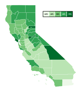 Turnout map of registered voters for the general elections by county 2022 California general elections turnout map by county.svg