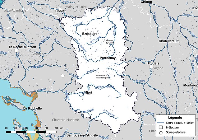 Carte des cours d'eau de longueur supérieure à 50 km des Deux-Sèvres.