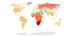 alt=Estimated prevalence in % of HIV among young adults (15–49) per country as of 2011.[47]   No data   <0.10   0.10–0.5   0.5–1   1–5   5–15   15–50