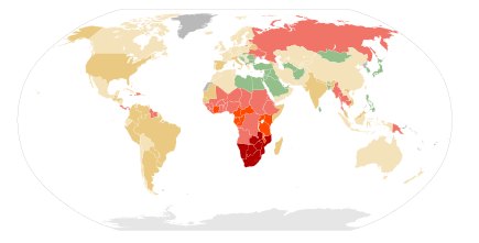 Estimated percentage of HIV among young adults (15-49) per country as of 2011
.
.mw-parser-output .legend{page-break-inside:avoid;break-inside:avoid-column}.mw-parser-output .legend-color{display:inline-block;min-width:1.25em;height:1.25em;line-height:1.25;margin:1px 0;text-align:center;border:1px solid black;background-color:transparent;color:black}.mw-parser-output .legend-text{}
15-50 AIDS and HIV prevalence 2008.svg