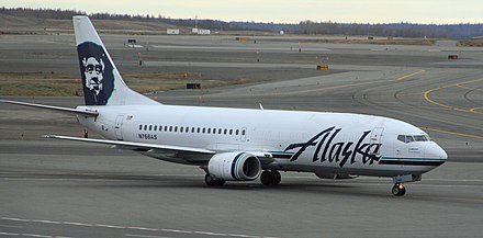 An Alaska Airlines Boeing 737-400 Combi aircraft at Ted Stevens Anchorage International Airport
