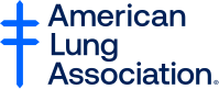 Three royal blue lines with beveled tips, forming a tall cross with two short horizontal bars. The horizontal bars intersect exactly at the midpoint of the vertical, and then half way above that. Beside the cross is the organization name, the American Lung Association