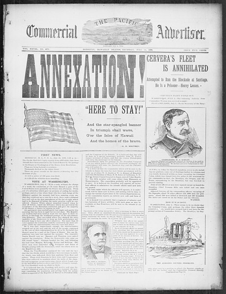 Newspaper reporting the annexation of the Republic of Hawaii in 1898
