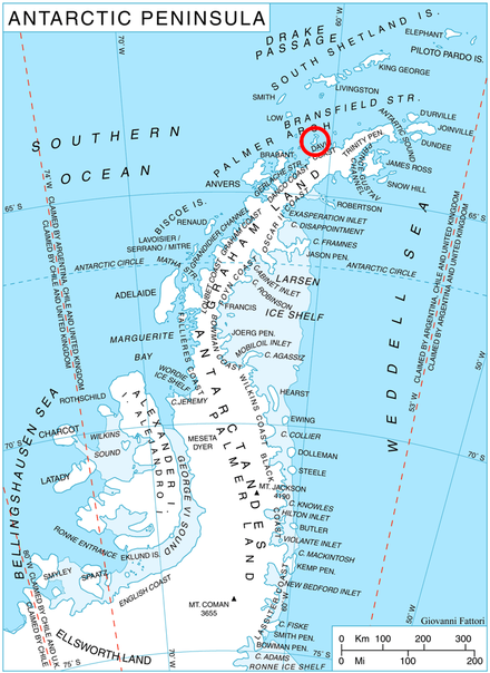 Location of Trinity Island in the Antarctic Peninsula region. Ant-pen-map-Trinity-Island.PNG