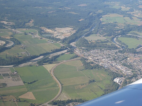 Aerial view of downtown Arlington and the Stillaguamish River floodplain