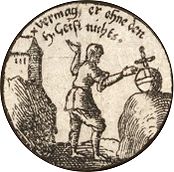 An illustration of Article XVIII "Of Free Will" of the Augsburg Confession, which reads: "man's will has some liberty to choose civil righteousness, and to work things subject to reason. But it has no power, without the Holy Ghost, to work the righteousness of God, that is, spiritual righteousness...." AugsburgConfessionArticle18FreeWill.jpg