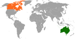 Mapa indicando locais da Austrália e Canadá