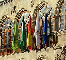 Banderas ubicadas en la fachada del ayuntamiento, entre ellas la marteña.
