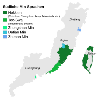 Verbreitung der Min-Nan-Dialekte in den Provinzen Zhejiang, Fujian und Guangdong sowie in Taiwan