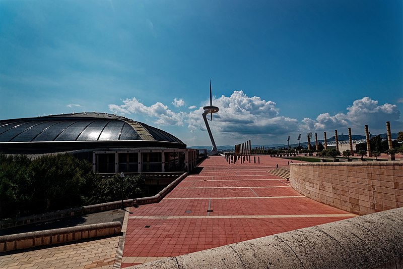 File:Barcelona - Montjuïc - Anella Olímpica - 1992 Summer Olympics - Palau Sant Jordi 1990 by Arata Isozaki, Torre de comunicacions de Montjuïc 1992 by Santiago Calatrava & Estadi Olímpic Lluís Companys 1929 by Pere Domènech i Roura 10.jpg