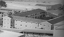 Basser College viewed from the top of the Civil Engineering Building, partly obscured by the Central Lecture Block and the Basser stairs; 1968 Basser Photo.jpg