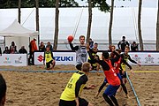 Deutsch: Beachhandball Europameisterschaften 2019 (Beach handball Euro); Tag 5: 6. Juli 2019 – Männer, Platzierungsspiel für die Ränge 5–8, Frankreich-Deutschland 0:2 (18:22, 16:19) English: Beach handball Euro; Day 5: 6 July 2019 – Placement Match/Cross Match for rank 5–8 Men – Frankreich-Deutschland 0:2 (18:22, 16:19)