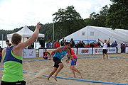 Deutsch: Beachhandball Europameisterschaften 2019 (Beach handball Euro); Tag 3: 4. Juli 2019 – Männer, Hauptrunde Gruppe I, Dänemark-Spanien 2:0 (23:20, 29:22) English: Beach handball Euro; Day 3: 4 July 2019 – Men Main Round Group I – Denmark-Spain 2:0 (23:20, 29:22)