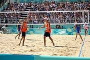 Deutsch: Beachvolleyball bei den Olympischen Jugendspielen 2018; Tag 11, 17. Oktober 2018; Jungen,Finale – Niederlande (Matthew Immers/Yorick de Groot)-Schweden (David Åhman/Jonatan Hellvig) 0:2 (20–22/15–21) English: Beach volleyball at the 2018 Summer Youth Olympics at 17 October 2018 – Final – Netherlands (Matthew Immers/Yorick de Groot)-Sweden (David Åhman/Jonatan Hellvig) 0:2 (20–22/15–21)