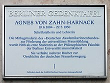 Berlijnse gedenkplaat voor Agnes von Zahn-Harnack