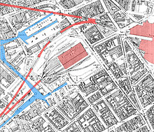 The Mailbox was built on the white area just below the Central Goods Depot on this map Birmingham Worcester Wharf Central Goods Depot OS map 2nd edition 1905 showing canals rail tunnels and Central Goods and New Street stations.jpg