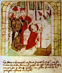 Sint-Servaas ontvangt de mijter en kromstaf uit handen van een engel te Tongeren